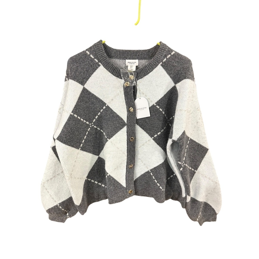 Song of Style Aimee Song Grey White Argyle Knit Cardigan Sweater Gold Buttons M